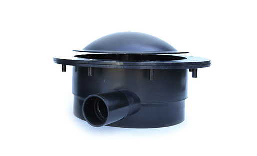 UltraZap 50mm Liner Bottom Drain. Black unit with a wide flange for securing pond liner, a dome cap, and a single side pipe connection.