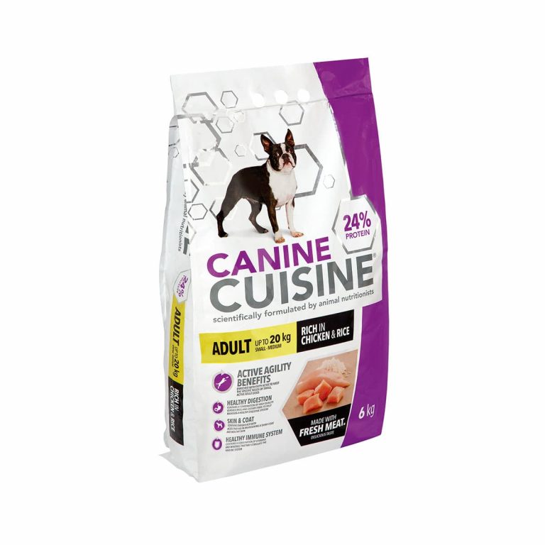 Canine Cuisine Adult dog food bag, rich in Chicken & Rice, 24% protein, formulated for small to medium dogs up to 20 kg.