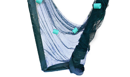 Large, dark green fish drag net folded up, showing the mesh material, reinforced border, and four turquoise foam floats.