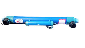 UltraZap 55 Watt UV Pond Sterilizer (Long Model), a very long, blue, cylindrical UV unit with a smaller blue stabilizing cylinder underneath, black hose connectors, and a white label, designed for large pond water purification.