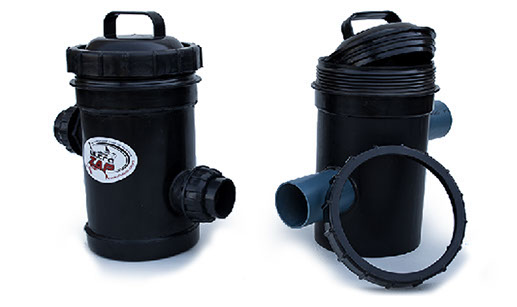UltraZap 50mm Inline Leaf Trap 160mm. Black cylindrical debris filter with a clear lid, handle, and 50mm screw connections.