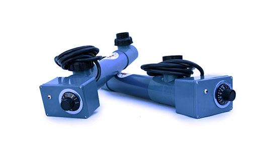 Two blue cylindrical UltraZap Pond Heaters side-by-side, showing the integrated thermostat control dials.