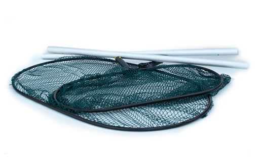 Oval or round fish net head with green mesh and a black rim, shown folded next to two silver aluminum handle sections.