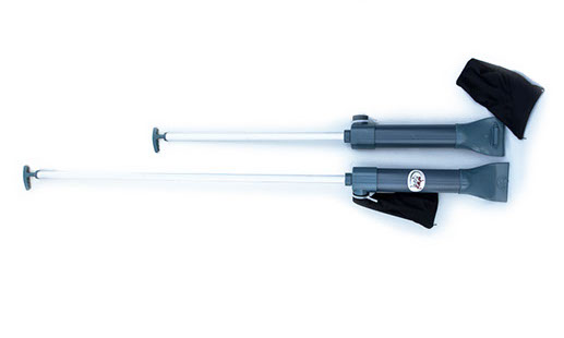 Two disassembled UltraZap Small Hand Operated Pond Vacuums, showing the gray extension tubes, black pump bodies, and attached debris collection bags.