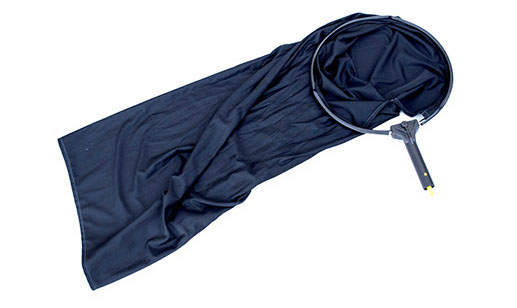 Black pond sock net with a long fabric cone, round frame, and short black handle, designed for fish handling.