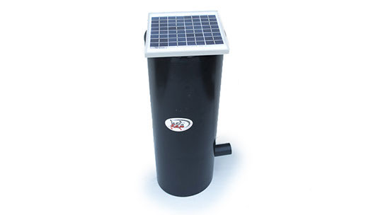 UltraZap Solar Automatic Koi Fish Pond Feeder, a tall black cylindrical canister with a square solar panel mounted on the top lid.