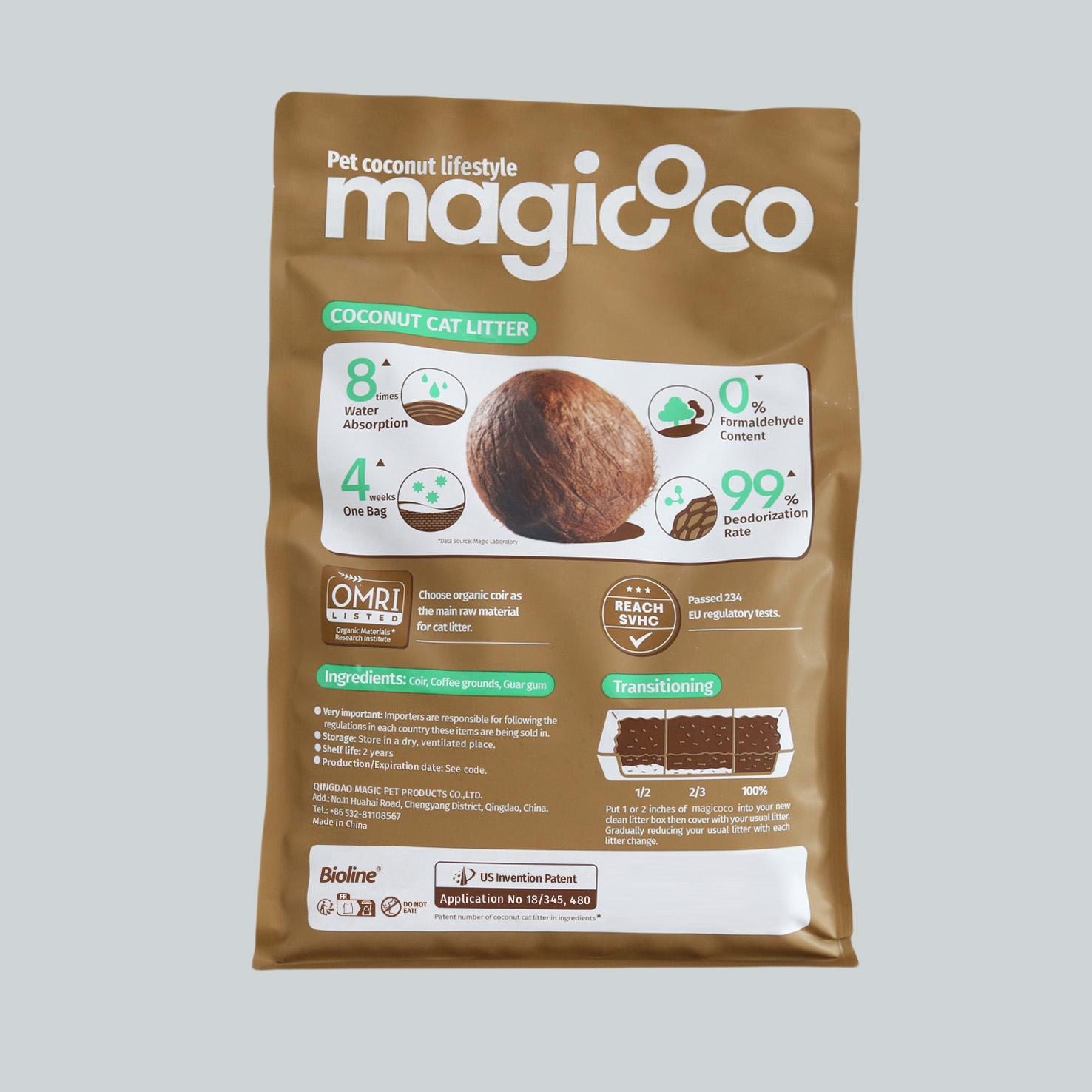 Side of the Magicoco Coconut Cat Litter bag showing product features and information. Graphics indicate '8x Water Absorption' and '99% Deodorization Rate.' Text lists ingredients: 'Coir, Coffee grounds, Guar gum,' and includes a visual guide for 'Transitioning' to the new litter.