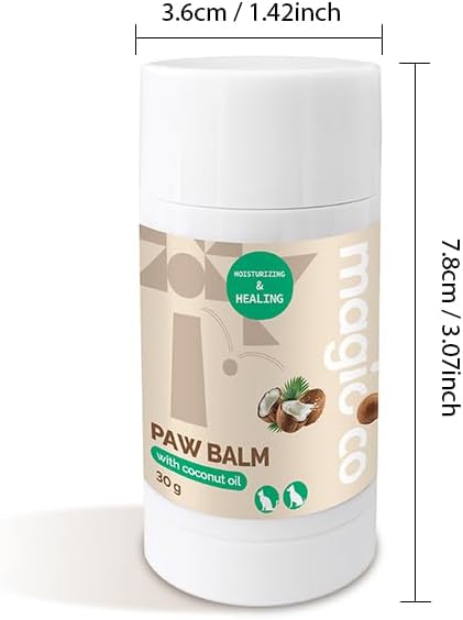 This image displays the Magicoco Paw Balm with Coconut Oil in a white, push-up stick format (30g). The label, featuring a subtle geometric pattern and illustrations of coconuts, indicates it is "MOISTURIZING & HEALING" and is intended for use on both dogs and cats. An adjacent image also shows the balm's dimensions as 3.6cm wide and 7.8cm tall.