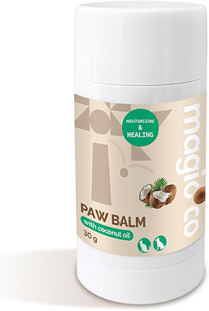 This image displays the Magicoco Paw Balm with Coconut Oil in a white, push-up stick format (30g). The label, featuring a subtle geometric pattern and illustrations of coconuts, indicates it is "MOISTURIZING & HEALING" and is intended for use on both dogs and cats. An adjacent image also shows the balm's dimensions as 3.6cm wide and 7.8cm tall.