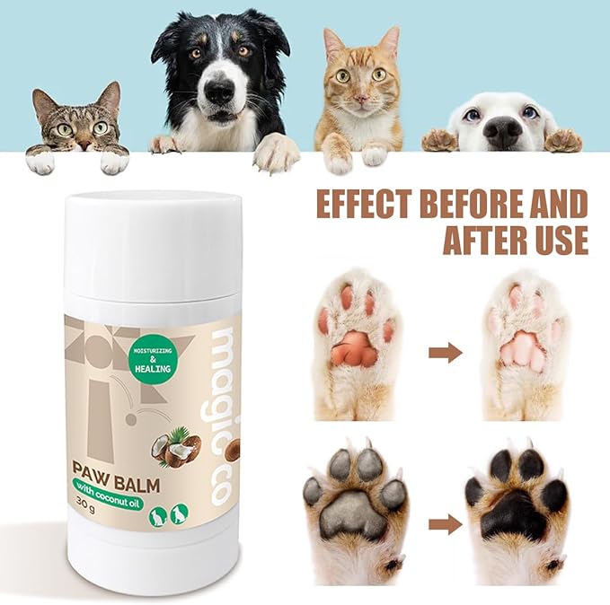 This image highlights the application and protective benefits of the balm, showing a dog (Bulldog) and a cat interacting near the product stick. The title "PROTECT YOUR PET'S PAWS" is displayed above a "Before and After" graphic illustrating the balm's effect on both a light and a dark-colored paw pad, showing a transition from a rough, dirty pad to a smoother, cleaner one. The images also show simple icons for the recommended use: Cleanse, Apply, and Massage.