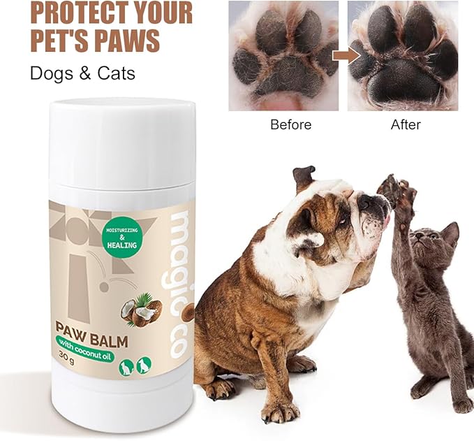 Magicoco Paw Balm product image. A white, cylindrical stick of paw balm with coconut oil is shown next to a bulldog and a grey kitten reaching up together. In the top right, a split image shows a 'Before' paw pad that is dry and cracked, next to an 'After' paw pad that is smooth and healthy. Text reads: 'Protect Your Pet's Paws, Dogs & Cats.