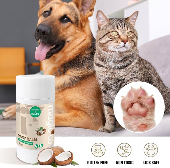 This promotional image features the Magicoco Paw Balm stick next to a German Shepherd dog and a tabby cat, with a highlighted graphic of a healthy paw pad. The text emphasizes that the balm is GLUTEN FREE, NON TOXIC, and LICK SAFE. Another image focuses on the NATURAL INGREDIENTS including Beeswax, Coconut oil, Shea butter, and Antioxidant, with corresponding small images of honeycomb, raw ingredients, and coconut oil.