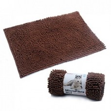 Query successful A rectangular, shaggy brown microfibre pet mat laid out on a white surface, with a rolled-up mat beside it. The texture of the mat is thick and plush, made of chenille fabric. The smaller, rolled-up mat has a white label wrapped around it that shows a husky puppy lying down and the text "Microfibre Mat".