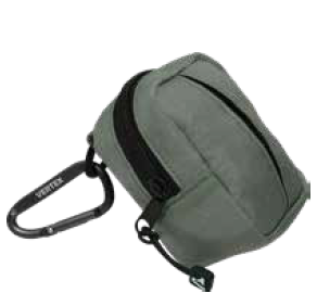 Doco Vertex Waste Bag Dispenser. A small, gray, rounded fabric pouch with a black zipper and a black carabiner clip attached.