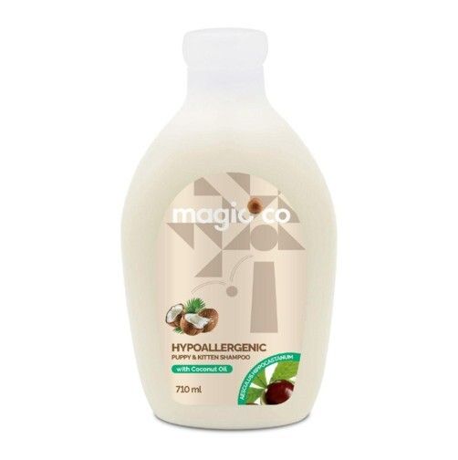 Product image of a 710 ml bottle of magicoco Hypoallergenic Puppy & Kitten Shampoo with Coconut Oil, set against a plain white background. The bottle is a pale, creamy color.