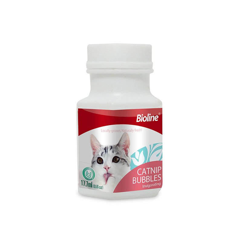 Front view of the Bioline Catnip Bubbles bottle. The small white bottle has a red and white label featuring a cat with its tongue sticking out and text that reads 'CATNIP BUBBLES Invigorating,' with a volume of 17.7 ml.
