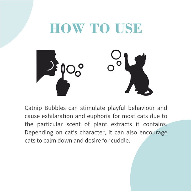 Graphic detailing how to use Catnip Bubbles. Simple black icons show a person blowing bubbles and a cat reaching up to pop them. Descriptive text below explains: 'Catnip Bubbles can stimulate playful behaviour and cause exhilaration and euphoria for most cats... it can also encourage cats to calm down and desire to cuddle.