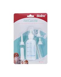 "A Bioline Pet Care Kit in retail packaging, containing a white bottle of feeding formula or solution, a syringe, and various small rubber nipples or feeding tubes. The packaging shows small puppy and kitten icons.