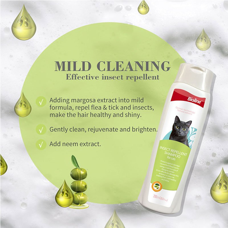 Promotional graphic for Bioline Margosa Cat Shampoo listing two benefits: "Enriched with margosa extract, repels fleas, ticks, and other insects," and "Helps soothe irritation of the skin and coat."