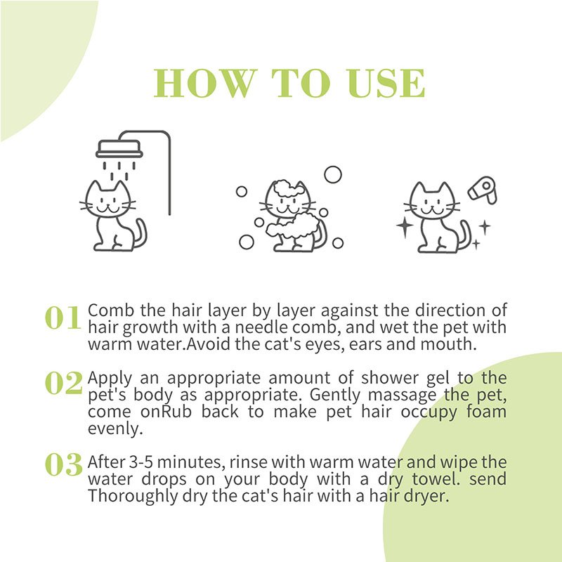 Infographic titled 'HOW TO USE' with three cartoon kitten illustrations showing the steps for bathing a cat: 1) wetting the pet, 2) applying and massaging the shampoo, and 3) rinsing and drying with a hair dryer.