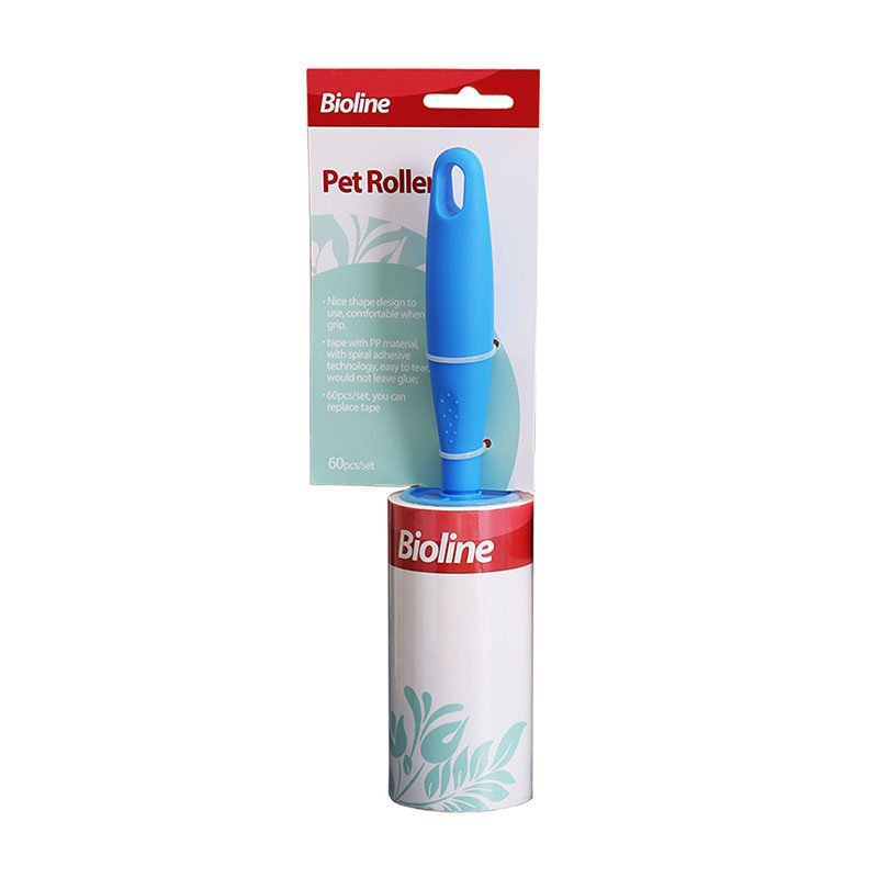 Front view of the Bioline Pet Roller. The reusable roller has a blue plastic handle and a white adhesive roll with a green leaf pattern. The packaging header highlights the product as a 'Pet Roller' that includes 60 adhesive sheets.
