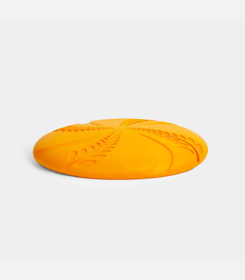 An angled, close-up shot of a solid orange Aeroglide EVA Dog Toy (flying disc). The top surface features a molded, recessed texture resembling a sunburst or wheat sheaf pattern, with an outline of small crescent shapes on the rim. The background is pure white.